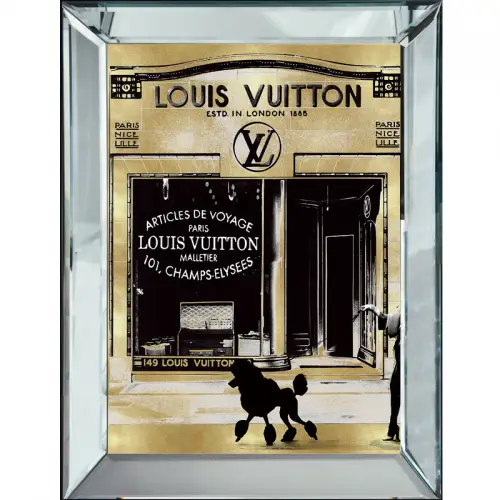 Einzigartig und handgefertigt  Schwarzer Pudel vor Louis Vuitton Schaufenster 70x90x4,5cm